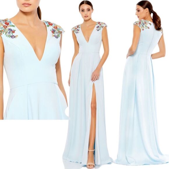 MAC Duggal Prom pageant Gown Crystals Floral Accented Baby Blue Aline Size 2 NEW - Picture 3 of 14